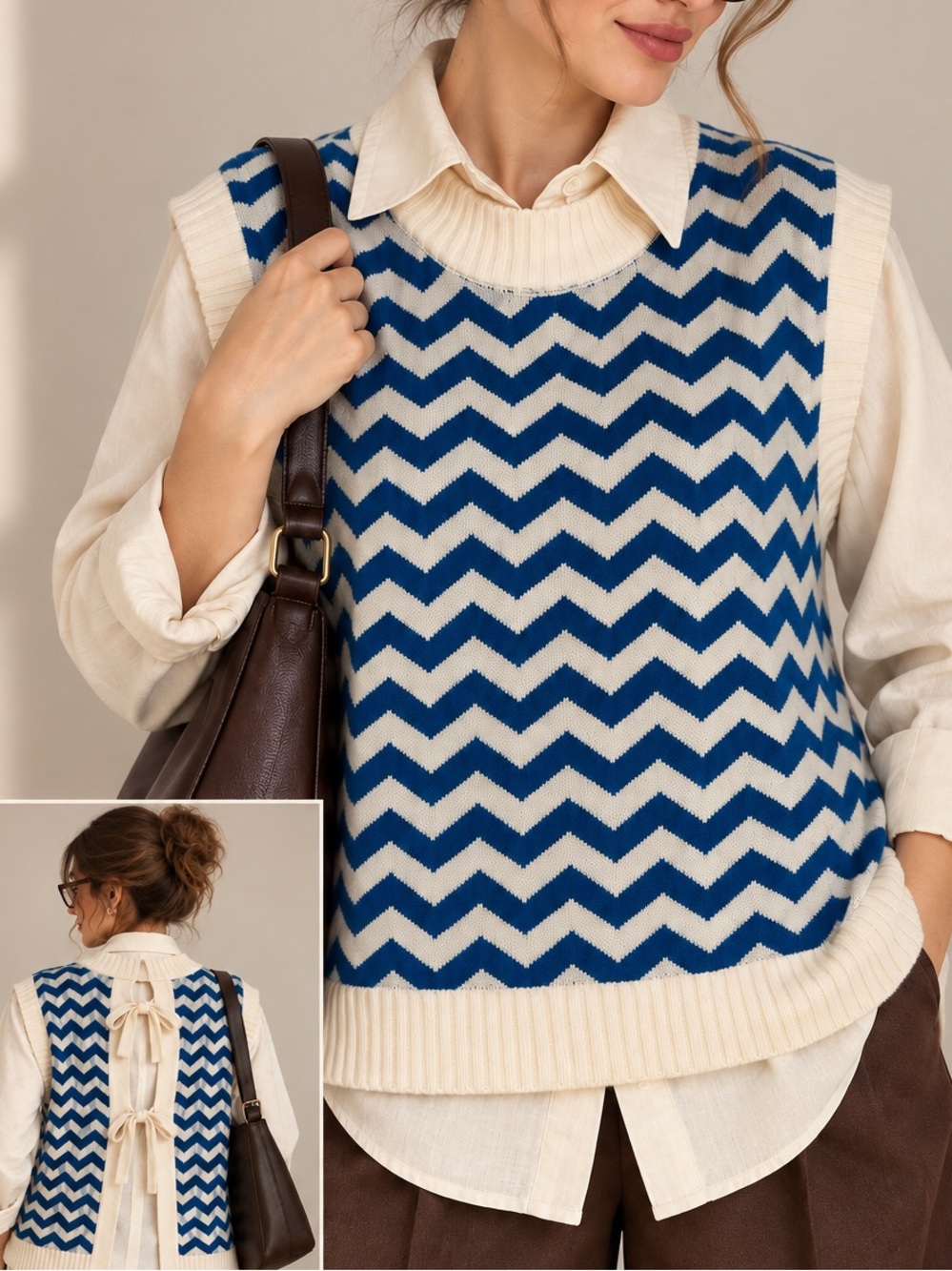 SelfWho Wool Cashmere Blend Chevron Knit Sweater Vest in Blue and Cream
